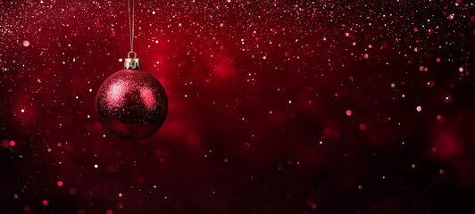 Wall Mural - Red Christmas Ornament on Red Background: A single red Christmas ornament hangs against a deep red background, adorned with sparkling snow. It's a minimalist and elegant image.