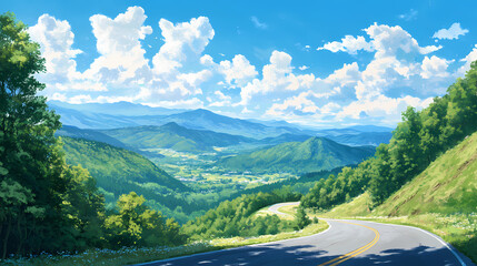 A scenic asphalt road weaving through green mountains, with a bright sky and scattered clouds on a sunny afternoon. Treeline. Illustration