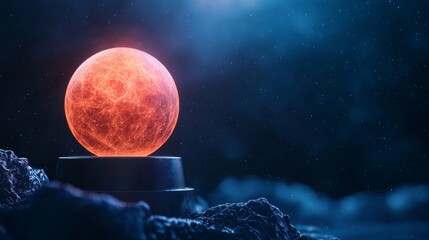 Wall Mural - A glowing red celestial body is depicted on a rocky surface, illuminated by a mysterious blue light, creating a surreal and otherworldly atmosphere.