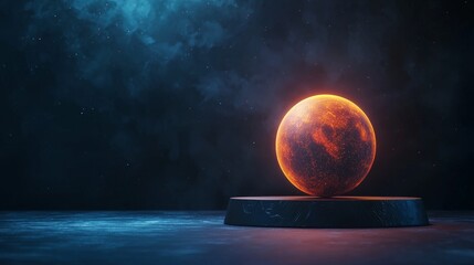 Wall Mural - A glowing, orange planet sits on a dark pedestal, surrounded by a mystical blue atmosphere, conveying an otherworldly and cosmic ambiance.