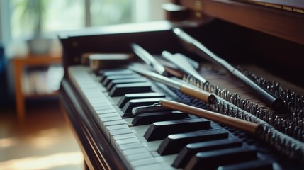 Poster - A calm piano tuning station with tuning tools neatly arranged on a polished grand piano, A quiet room with soft lighting and wooden floors, Minimalist musical style