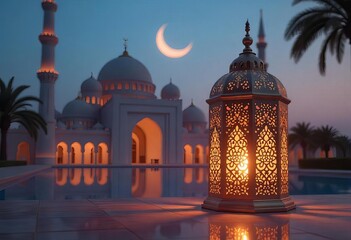 Wall Mural - Ornamental Arabic lantern patterns and a burning candle casting warm light at night with a mosque in the background