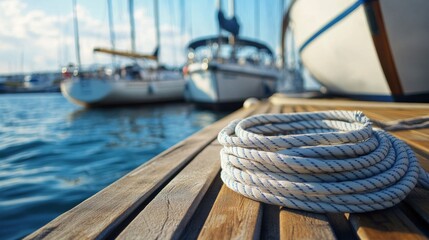 Aufkleber - A calm sailing club dock with neatly coiled ropes and well-maintained sailboats, A tranquil marina with calm waters and a clear sky, Minimalist nautical style