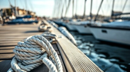 Aufkleber - A calm sailing club dock with neatly coiled ropes and well-maintained sailboats, A tranquil marina with calm waters and a clear sky, Minimalist nautical style