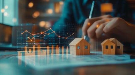 Leinwandbilder - A person analyzes real estate data while drawing graphs and charts, with miniature house models on the table, indicating property market trends.