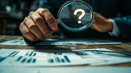Poster - a person examines documents with a magnifying glass, highlighting uncertainty with a question mark, 