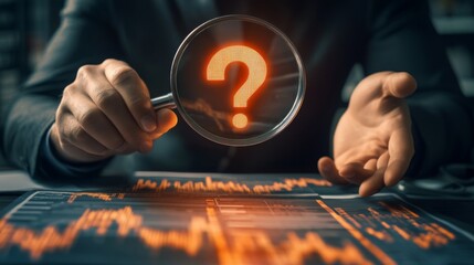 Fototapete - A person holds a magnifying glass displaying a question mark, examining data trends on a digital screen, symbolizing inquiry and analysis in finance or research.