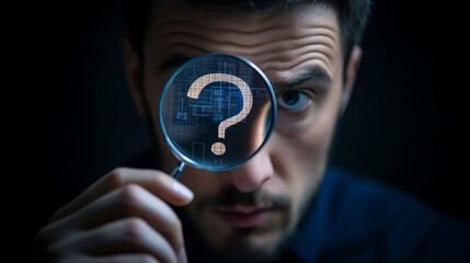 Poster - A man examines a question mark through a magnifying glass, symbolizing inquiry, curiosity, and investigation.