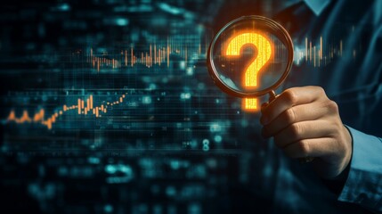 Poster - a person holds a magnifying glass with a glowing question mark, symbolizing inquiry and analysis aga