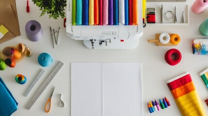 Poster - A calm sewing area with fabric and sewing machine neatly set up, A bright space with clean work surfaces and organized tools, Minimalist craft style