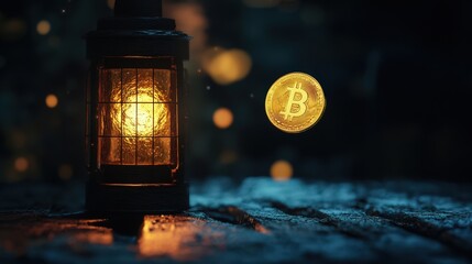 Canvas Print - Illuminated Lantern and Bitcoin Coin in Dark Setting