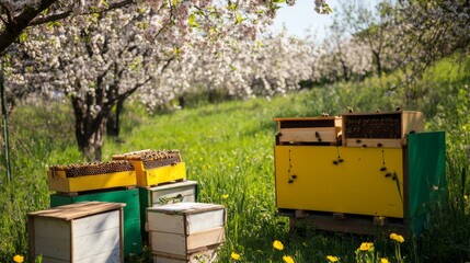 Poster - A comprehensive bee keeping setup in a blooming orchard, Beekeeping suits and hives neatly placed, Minimalist agricultural style