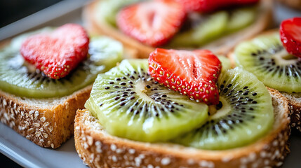 Wall Mural - Closeup of delicious tasty homemade vegetarian fruit sandwich with kiwi and strawberry. healthy fresh lunch or snack dessert meal, organic diet breakfast appetizer, toast bread, sweet, freshness.