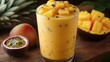 © KP - A refreshing tropical smoothie made with mango, passion fruit, and pineapple, served in a glass with fruit chunks and garnished artistically.