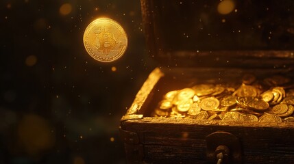 Golden Bitcoin falling into a treasure chest of gold coins