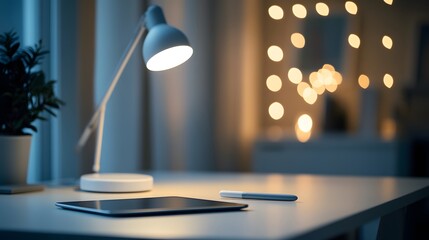 Poster - high-tech desk setup featuring an LED desk lamp, a digital pen, and a tablet, glowing softly against a warm white bokeh background