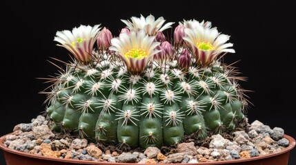 Closeup of blooming Mammillaria spinosissima cactus, showcasing its spiny pincushion and vibrant flowers, with ample space for text