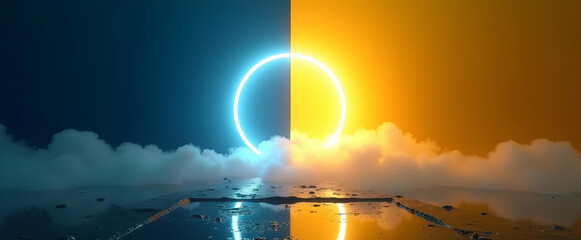 Poster - A mesmerizing neon circle glows, bisected by vibrant orange and blue hues, casting an ethereal glow on a misty, reflective ground.  