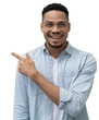 © Aytana - Happy delighted male manager involved in advertising company`s product, indicates with fore finger at blank copy space, wears denim shirt, has positive smile. Advertisement and ethnicity concept