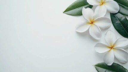 Poster - Plumeria flowers on a pristine white background, offering a simple yet elegant composition with room for text or design