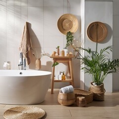 Bathroom interior with decorative objects.