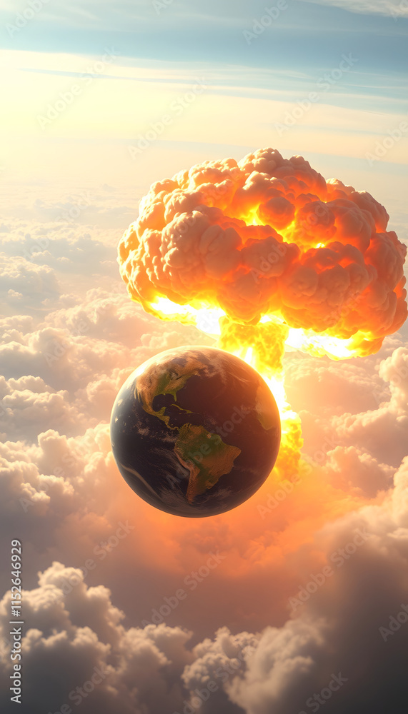 Planet Earth exploding from nuclear blast. Explosion of atomic bomb ...