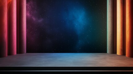 Wall Mural - A vibrant stage backdrop featuring colorful pillars and a cosmic, starry background, ideal for performances or events.