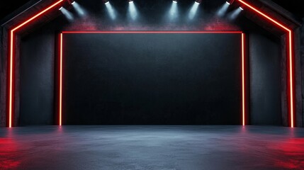 Wall Mural - A sleek stage with red neon lighting and dramatic spotlights, creating an inviting yet mysterious atmosphere for performances.