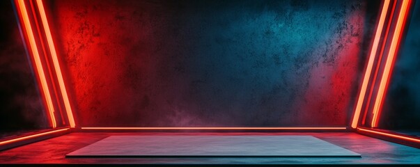 Wall Mural - A vibrant, illuminated studio space with red and blue neon lights, creating a dynamic atmosphere suitable for photography or video production.