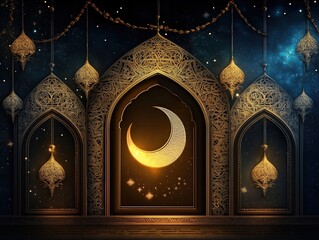 Wall Mural - Golden crescent moon and lanterns with intricate Arabic arches, evoking the spirit of Ramadan’s holy and festive celebrations