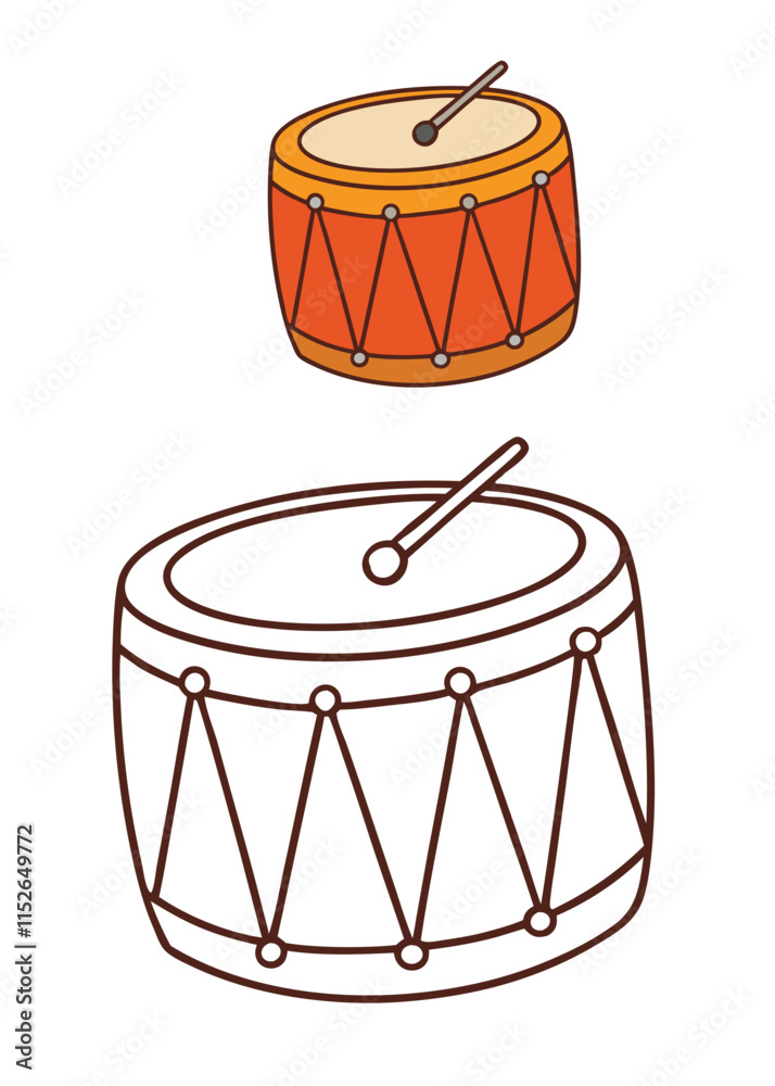A drum coloring page featuring a detailed illustration of a drum set ...