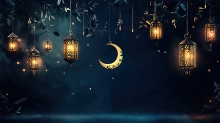 Wall Mural - Hanging lanterns and crescent moon glowing under a starry Ramadan sky surrounded by lush trees, symbolizing serenity and spirituality