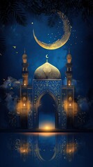 Wall Mural - Illuminated mosque arches with a crescent moon under a starry sky, creating a spiritual Ramadan night atmosphere