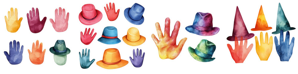 Super bowl sunday element, Colorful hats and hands in watercolor style for creative designs, isolated on transparent background.