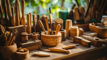 Poster - A cozy corner with a meticulous setup for wood carving, featuring various chisels and wooden blocks, A warm indoor space for the art of wood carving