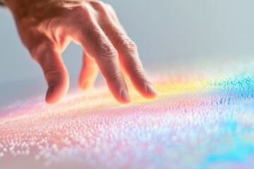 Leinwandbilder - Futuristic Interface Interaction Hand Touching Holographic Surface with Vibrant Light
