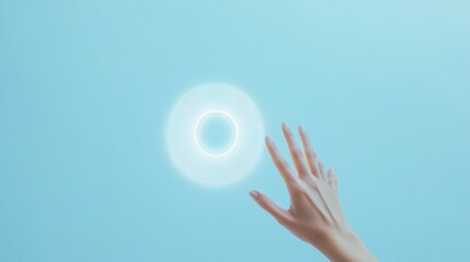 Poster - Futuristic Interaction Hand Reaches Towards Digital Interface on Blue Background