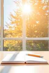 Poster - Bright Morning Study Open Book and Pen in Sunlit Classroom