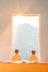 Poster - Sunlit Study Indian Students Embracing Winter Learning in Minimalist Setting