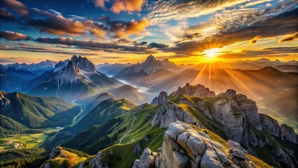 Wall Mural - Top view of majestic mountains bathed in the warm glow of a sunset , mountains, sunset, top view, nature, outdoors
