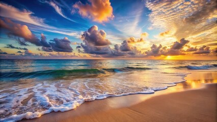 Wall Mural - Serene beach scene at sunset with gentle waves and soft clouds, beach, sea, sunset, waves, clouds, tranquil, peaceful, scenery