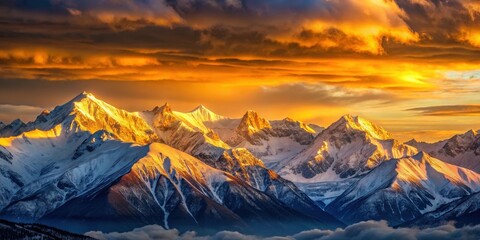 Wall Mural - Sunset casting warm golden light over snow-capped mountains , sunset, mountains, nature, scenic, landscape, dusk, twilight