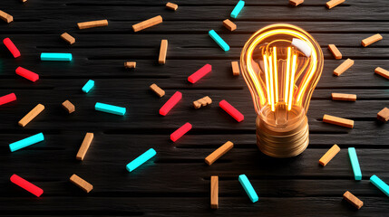 Poster - Light bulb glowing among colorful confetti on a dark wooden surface