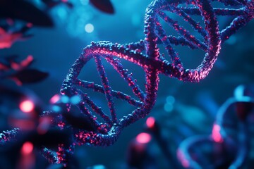 Poster - Close-up of a 3D rendered DNA double helix in vibrant blue and pink hues, showcasing its intricate structure.
