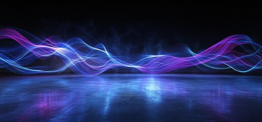 Aufkleber - Abstract glowing purple and blue waves on dark reflective surface.