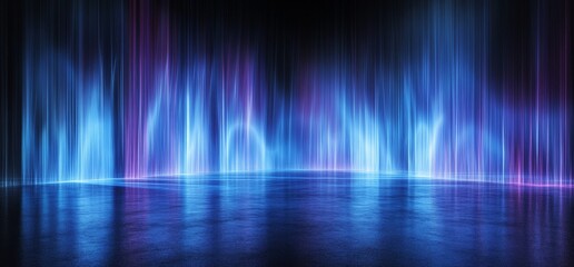 Poster - Abstract blue and purple neon lights reflected on a dark wet floor.