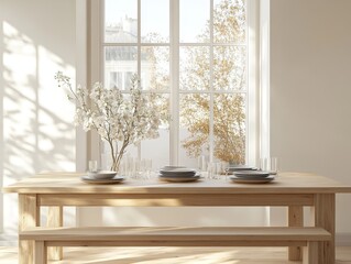 Aufkleber - Sunlight streams through window onto rustic wooden dining table set for meal with flowers.