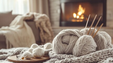 Poster - A cozy knitting session in a warmly decorated living room, Yarn and knitting needles arranged for crafting, Handcrafting style