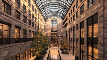 Poster - Spacious atrium with glass ceiling and decorative trees in a modern building