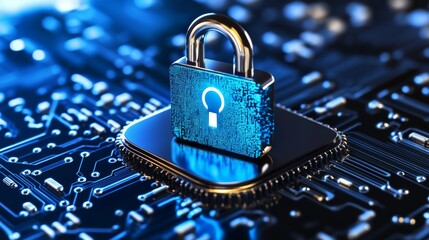 Poster - Bright 3D Lock on Digital Background for Privacy Concept